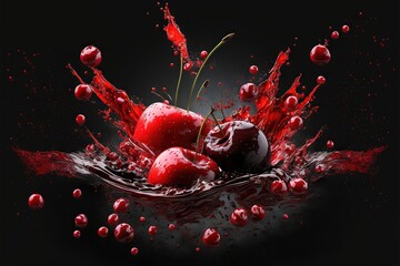  a group of cherries splashing into a black background with water droplets and drops of blood on the surface of the image, and the fruit is in the center of the image.  generative ai