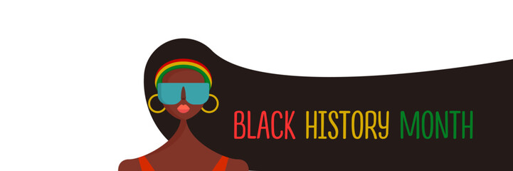 Black history month horizontal banner with afro American woman with long hair isolated on white background. Vector Black history month poster, flyer, background with pretty african young model