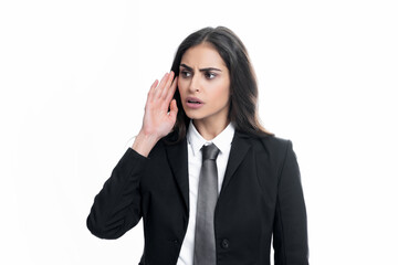 Fototapeta premium Portrait of young woman feeling stress or strain headache. Exhausted tired girl desperate and stressed because pain and migraine. Female office worker, success manager.