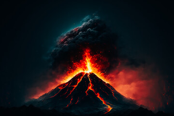 A fiery eruption of a volcano in the middle of the night