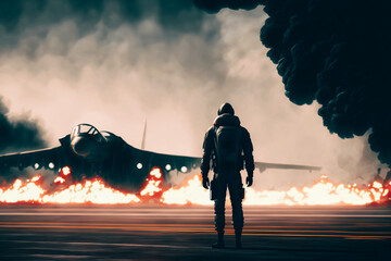 a person standing near an airport runway while a lot of smoke is visible from an open plane