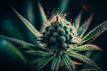 A photo of a close-up shot of a blooming cannabis plant