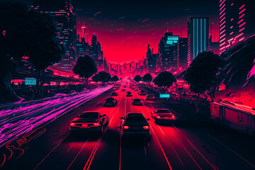 Fototapeta na wymiar A photo of a massive city at night, with a synthwave style aesthetic