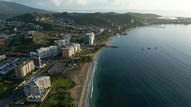 Aerial view of Porlamar city beach at sunrise, Margarita island, Venezuela