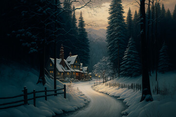 a snow covered road in the middle of a wooded area surrounded by a dense tree line and woods