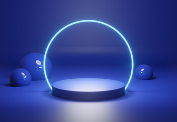 Illuminated pedestal with decoration in blue, 3d rendering
