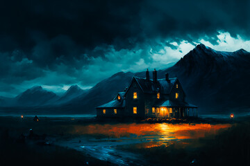 an old house sits on an empty field overlooking dreary rainy night sky