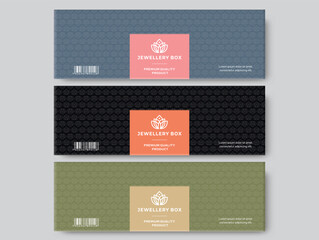 Jewellery label design set jewelry box design, diamond accessories banner illustration. Vector pattern for jewels - gold watches, ring box, silver necklaces packaging, premium luxury label template