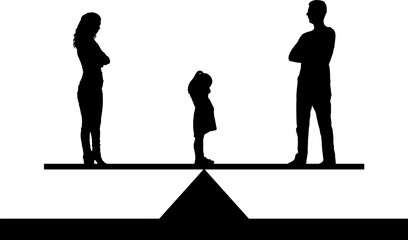 Silhouette, Vector A little sad girl crying standing between mom and dad, choosing who to stay with. Concept of divorce and division of children