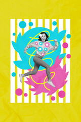 Photo collage artwork minimal picture of charming happy lady walking enjoying flowers isolated drawing background