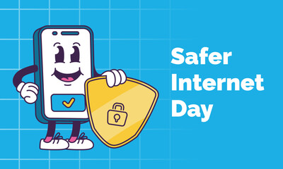 Safer internet day. Phone with a shield in trendy groovy style