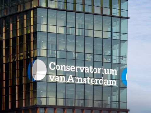 AMSTERDAM, NETHERLANDS - MAY 01, 2018:  Building And Sign Of The Conservatorium Van Amsterdam (CvA) Music Conservatoire 