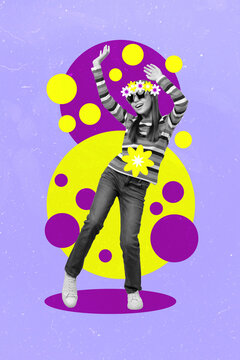 Collage 3d image of pinup pop retro sketch of smiling happy little child dancing having fun isolated painting background