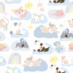 Seamless Pattern with Cute Animals sleeping on Clouds