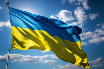 Ukrainian flag against the blue sky created with generative Ai technology