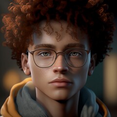 portrait of a cute black american young boy with brown curly hair wearing glasses generative ai