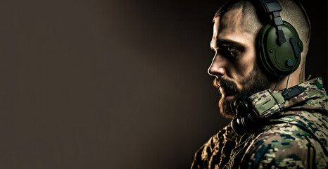 portrait of a male soldier with headphones on a green background (AI generative)