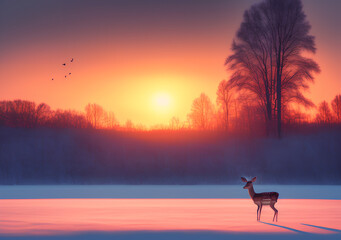 Obraz na płótnie Canvas Lonely deer in the winter landscape at sunrise. Generative Al Illustration