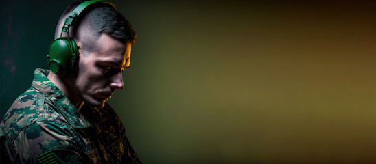 portrait of a male soldier with headphones on a green background (AI generative)