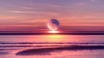 Fototapeta na wymiar night sea at sunset cloudy starry sky sun light and big moon reflection on water waves nature 