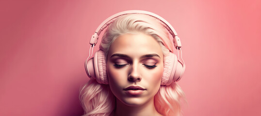 portrait of a woman with headphones on a pink background (AI generative)