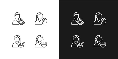 Healthcare services pixel perfect linear icons set for dark, light mode. Beauty clinic. Mental health. Cosmetologist. Thin line symbols for night, day theme. Isolated illustrations. Editable stroke