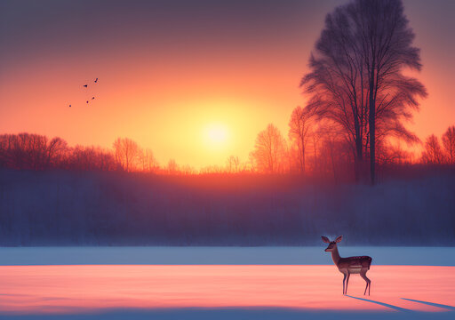 Lonely deer in the winter landscape at sunrise.  Generative Al Illustration