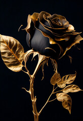 Beautiful black rose with golden leaves and elements on black background.  
Digitally generated AI image