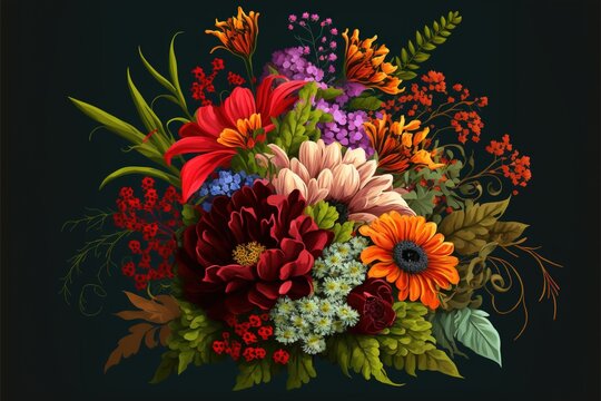 Bouquet of flowers still life illustration for decoration or print generative ai