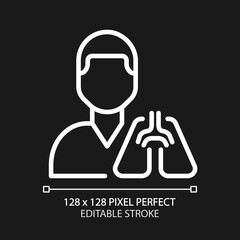 Pulmonology pixel perfect white linear icon for dark theme. Lungs diseases treatment and prevention. Medical clinic service. Thin line illustration. Isolated symbol for night mode. Editable stroke