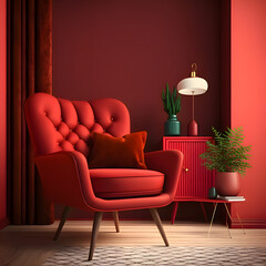 Cozy modern living room interior with Red armchair and decoration room on a Red or white wall background
