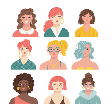 Weomen head portraits set. Diverse female faces of different age and race. Happy modern young and adult person avatars. Girls characters bundle. Flat vector illustrations isolated on white background