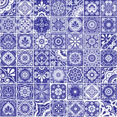 Stof per meter Mexican talavera tiles vector seamless pattern collection,  different size and style design set in black and white  © redkoala