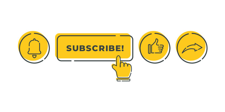 Vector graphic doodle art illustration of subscribe button, like, share, notification bell icon. Using the yellow color option, it is designed in a flat style. Perfect for digital communication, vlogs