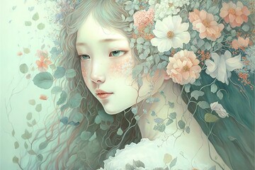 woman with flowers pastel colors illustration generative ai