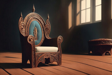 empty decorative wooden royal throne with green material and ornaments on wooden flor with shining window in back, wall generative AI 