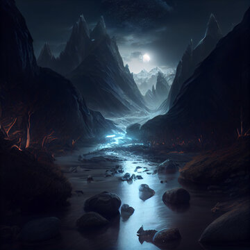 Generative AI - Dark River Landscape Illustration 