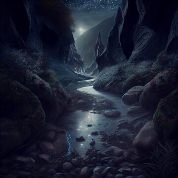 Generative AI - Dark River Landscape Illustration 