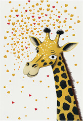 Fototapeta premium Happy giraffe in a firework of hearts. Valentine's Day. AI generated