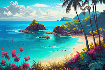 Paradise beach. Beautiful sea surf and mountains with dramatic clouds on background.
Digitally generated AI image