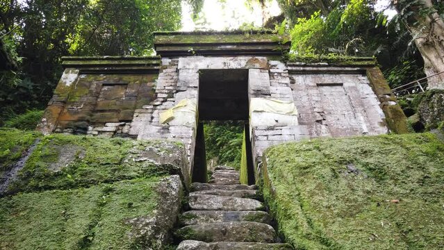 Goa Garba Worship Place in Bali, Indonesia, Ancient Ruins, Temple and Cave, Archaeological Stairs from 12th Century, Moss on Stone, Southeast Asia