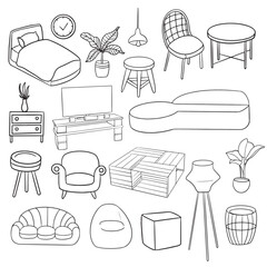 set of interior object in hand drawn doodle style