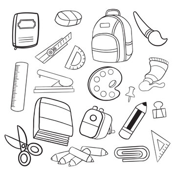 Back to school hand drawn school supplies, doodle characters and school collection. vector 