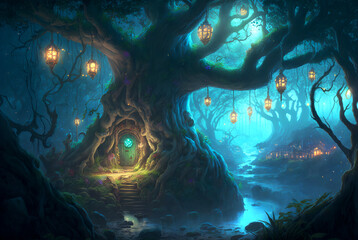 Fototapeta na wymiar Fantasy forest tree house and lanterns scene AI Generative 