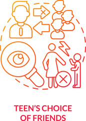Teen choice of friends red gradient concept icon. Communication issues. Parent child conflict area abstract idea thin line illustration. Isolated outline drawing. Myriad Pro-Bold font used