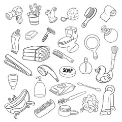 Beauty objects in the bathroom. Doodle Icon. Hand made, Vector illustration.