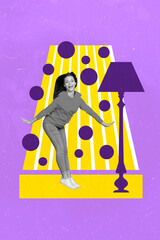 Photo collage cartoon comics sketch picture of excited funky lady enjoying floor lamp light...