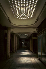 abandoned business building with little light atmospheric space, dark atmosphere, natural light in budapest