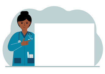 A female doctor in a lab coat is holding a large piece of paper. The doctor points to a blank sheet of paper to write your personal message or advice.