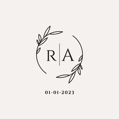 Letter RA wedding monogram logo design with simple natural circle leaf frame - obrazy, fototapety, plakaty